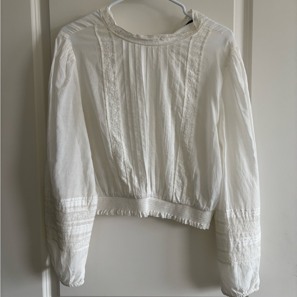 Zara White Lace-Trim Pintuck Long-Sleeve Blouse